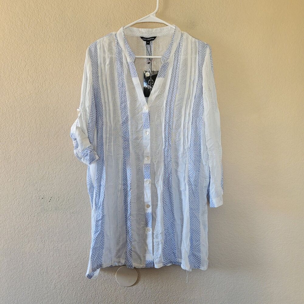 Club Z Collection Tunic Button Up Top Women’s Size 1X White Blue Striped Coastal